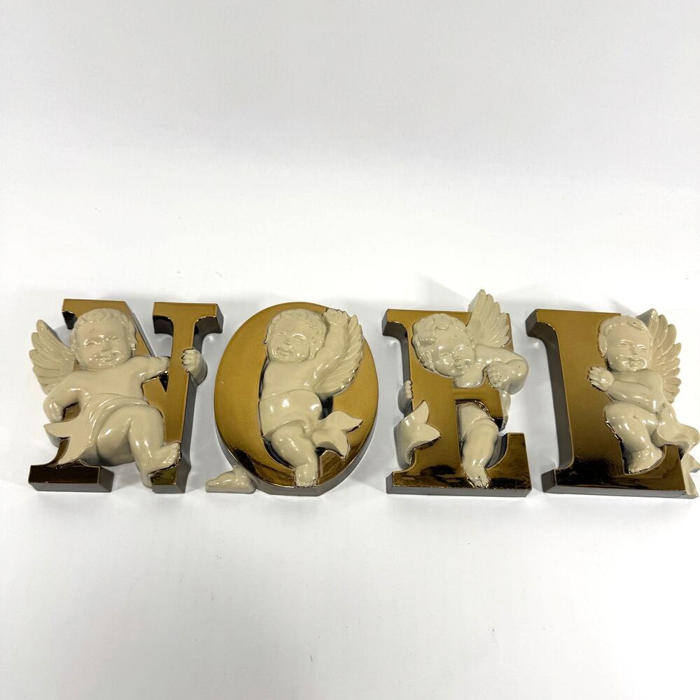 Vintage Burwood NOEL Cherub Angel Wall Plaque Set Gold Christmas Holiday Decor
